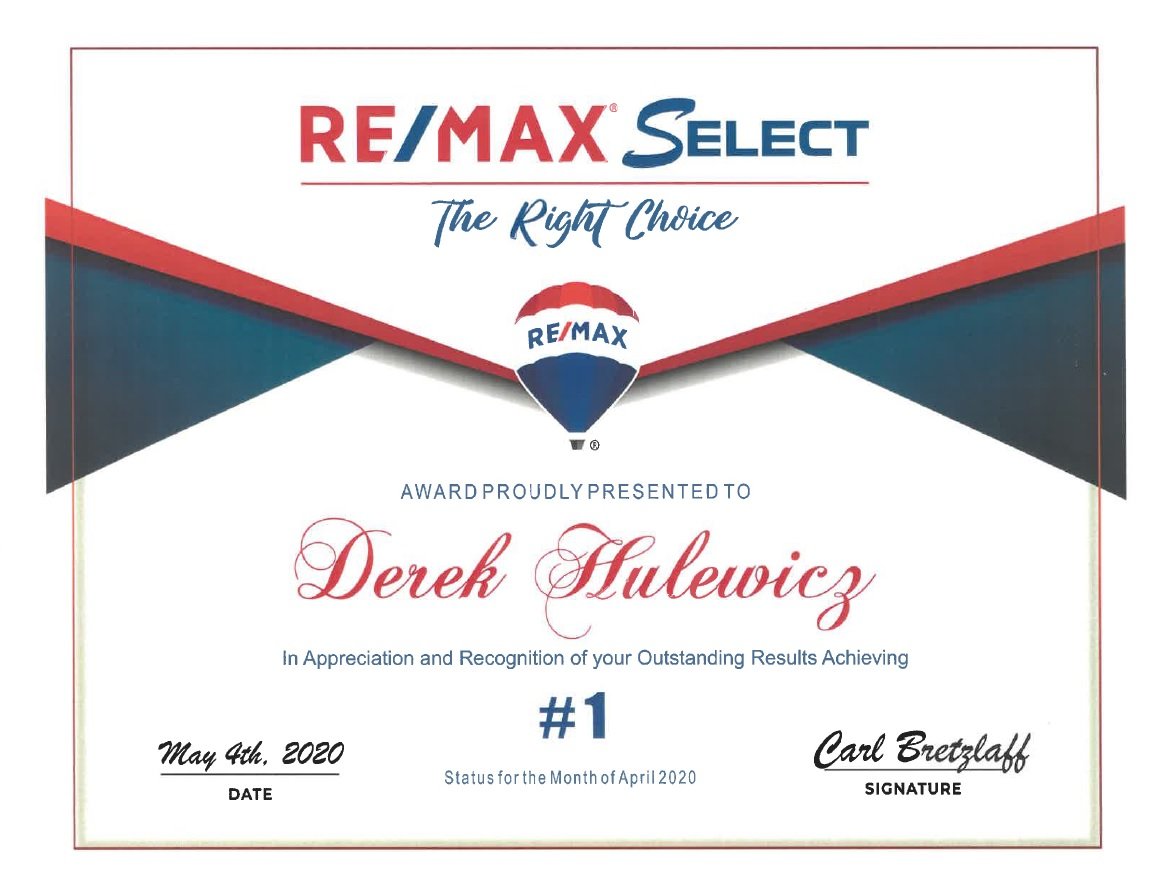 derekhulewicz number 1 realtor in remax select in april of 2020